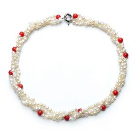 5-6mm Nugget White Pearl and 7-8mm Red Coral Three Strand Twisted Necklace 