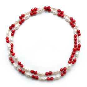 White Pearl Red Coral Necklace 36 Inch 