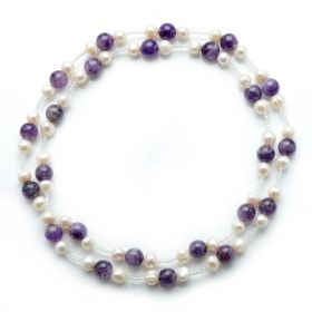 8-9mm Potato White Freshwater Pearl Necklace 10mm Amethyst Beads