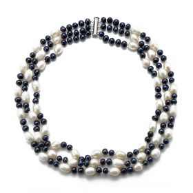 Three Strand Necklace 8-9mm Rice White and 5-6mm Potato Black Pearls 