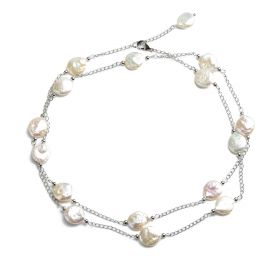 Coin 11-12mm White Freshwater Pearls Link Chain Necklace