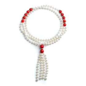 6-7mm Potato White Pearls with Red Coral Beads Tassel Necklace