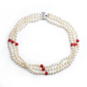 6-7mm Potato White Pearls and 8mm Red Coral Three Strand Pearl Necklace 