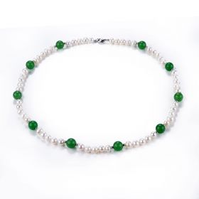 7-8mm White Cultured Pearl & Aventurine Strand Necklace 22 inch