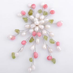 Freshwater White Pearl Brooch with Peridot and Red Coral FPB002