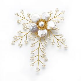 White Coin Pearls Brooch Hand Wired Golden Metallic Thread for Ladies Jewelry Ornaments