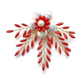 White Coin Pearls Flower Brooch Red Coral Beads Handmade Freshwater cultured pearl Brooch