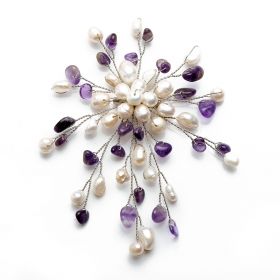 Luxury Freshwater Cultured White Pearls Amethyst Chip Stone Brooch