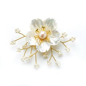 Elegant White Pearls Brooch White Shell Flower Hand Wired Golden Metallic Thread