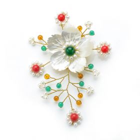 Colorful White Pearls Brooch Handmade White Shell Flower with Red Coral and Green Jade