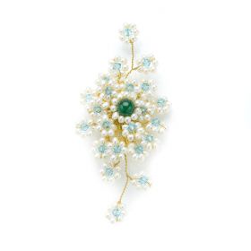 Graceful White Pearl Brooch Blue Crystal Green Jade Hand Wired Golden Metallic Thread