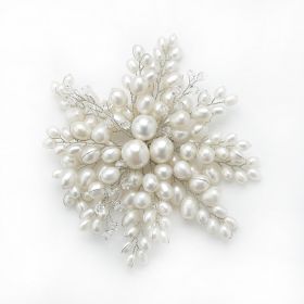 Handmade Radial Shape White Pearls Brooch with Clear Crystal Beads For Women Gifts