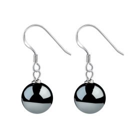 Elegant Round 10mm Black Hematite Bead Earrings 925 Sterling Silver Ear Hooks