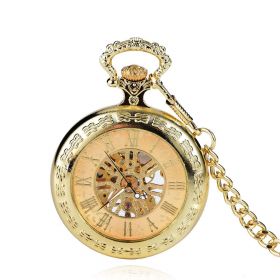 Vintage Mechanical Hand Wind Pocket Watch Golden Case with Chain