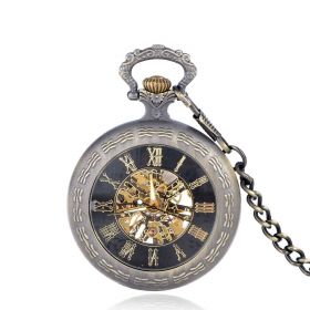 Classic Bronze Case Mechanical Roman Numerals Pocket Watches with Chain Gift