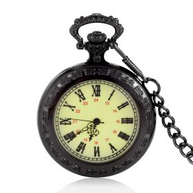 Black Retro Green Dial Roman Number Pocket Watches Quartz Movement with Alloy 15 inch Chain