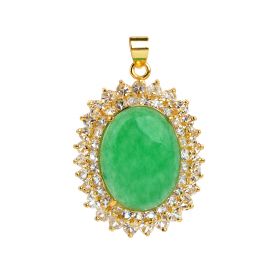 Oval Green Jade Clear Rhinestones Pendants Gold Color Plated Jewelry