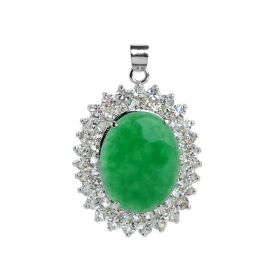 Oval Green Jade Clear Rhinestones Pendants Silver Color Plated Jewelry