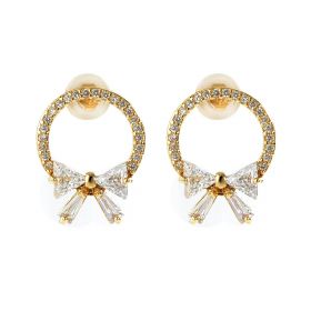 Shiny Rhinestone Paved Circle and Bowkont Stud Earrings for Women Girls Gold Plated Brass Jewelry