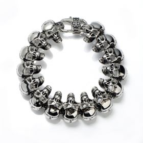 Men Gothic Bracelet 14 Skull Heads Link Stainless Steel Vintage Heavy 