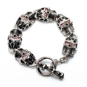  Skull Head Link Bracelet Gothic Biker Pink Eyes Vintage Stainless Steel 