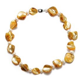 Fashion Irregular Yellow Shell White Potato Freshwater Pearl Necklace 17 Inch