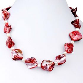 17" 6-7mm Potato White Freshwater Pearl, Irregular Red Shell Necklace ND08082