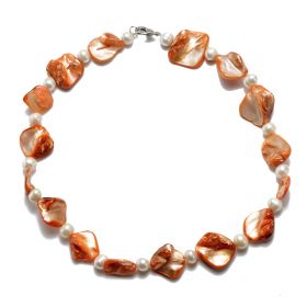 6-7mm Potato White Freshwater Pearl Orange Shell Necklace 17''