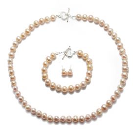 Pink Freshwater Pearl Necklace Bracelet Earrings Jewelry Set with Heart 925 Sterling Silver Clasp