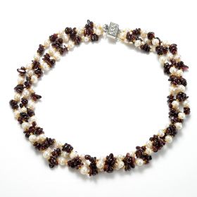 Women's 3 Strand White Freshwater Pearl Garnet Chip Necklace with Alloy Clasp