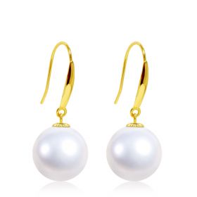 Mother's Day Gift 18 K Gold Round High Luster White  Pearl Dangle Earrings AA+Quality Gifts for Women 