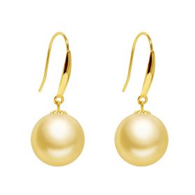 Classic 18K Yellow Gold Dangling Earrings with Stylish Ear Wire with 9-10 mm Round Pearl