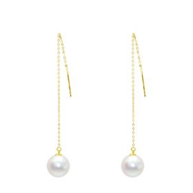 18K Gold Ear Line Thread 7.5-8.5mm Akoya Pearl Women Dangle Earrings