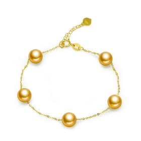 Charm 18k Gold Strand Link Chain Bracelet Bangle with 7-7.5mm Gold Pearls