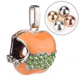 Orange Apple Inlaid Green Rhinestone Cage Locket Mexican Bola Harmony Ball Wish Box Pendants