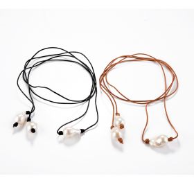 Knotted Three Baroque Pearl Leather Lariat Necklace