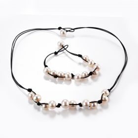 White Freshwater Pearls on Double Strands Leather Cord Necklace Matching Bracelet