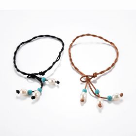 Pearl Turquoise Ankle Bracelet Braided Leather Wrap Anklet Summer Beach Wear Jewelry