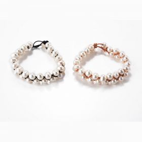 Handmade White Freshwater Pearl Leather Woven Bracelet Bridal Jewelry