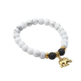 Faceted White Howlite and Black Lava Rock Mala Bracelet Elephant Charm