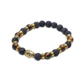 Black Lava Rock and Tiger Eye Buddha Head Beaded Bracelet for Men