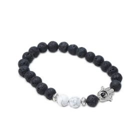 Black Lava Stone and White Howlite Hamsa Hand Bracelet for Men