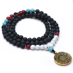 Black Lava Gemstone Beaded Long Necklace with Chinese Style Pendant