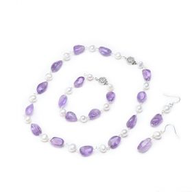 White Pearl and Amethyst Jewelry Set Earrings Bracelet Necklace