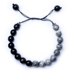 Handmade String Picasso Stone and Obsidian Chakra Bracelet with Antique Silver Bead 7 inch Adjustable