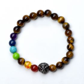 Tiger Eye 7 Chakra Beads Bracelet Healing Balance Beads Reiki Buddha Prayer Yoga Jewelry Lion Head