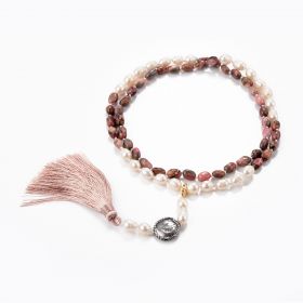 Rhodochrosite Stone Beads and Freshwater Pearl Tassel Necklace 28 inch