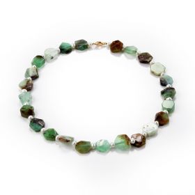 Irregular Flat Chrysoprase Stone Beaded Necklace 18 Inch with Small White Freshwater Pearl Beads