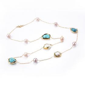 Freshwater Pearl Baroque Turquoise Beads Chain Tin Cup Necklace Jewelry Gifts for Women