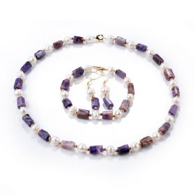 Charoite Purple Gemstone White Pearls Beaded Necklace Bracelet Earring Charms Jewelry Set